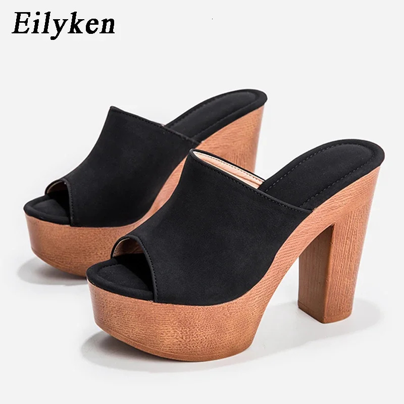 Eilyken Fashion Wood Grain High Heel Slippers Summer Roman Gladiator Peep Toe Platform Casual Ladies Shoes Sandals 260208