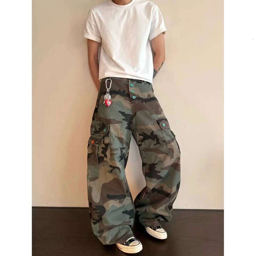 Men's Colorful Button Design Camouflage Pants Casual Spring Street Boy Wide Legs Sweatpants Male Straight High Waist Trousers