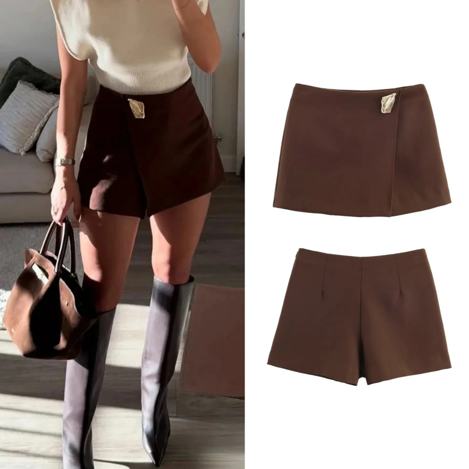 Womens Mini Skirt Autumn Winter Solid Color Asymmetrical Gold Decoration Female Simple Shorts Casual Fashion Skirt Streetwear 260122