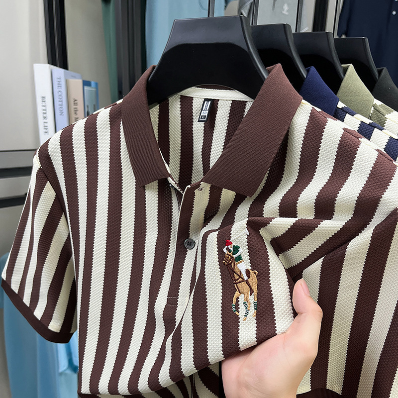 Free shipping 2026 summer new short sleeved striped light luxury casual embroidered pony lapel polo shirt