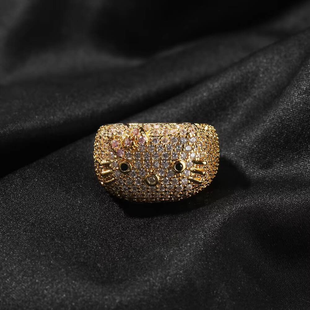 Dropshipping Luxury Iced Out Cat Face Brass 18K Gold Plated Ring for Women and Men Fashion Hip Hop Bling Statement Jewelry
