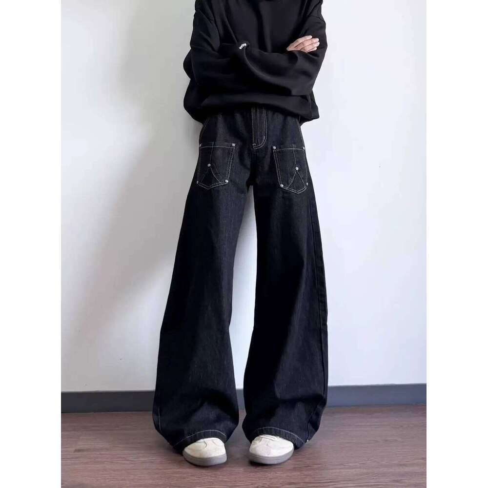 2026 Retro Black Bright Line Washed Scimitar Jeans Street Design Wide Leg Show High Brand Trousers Joggers Men