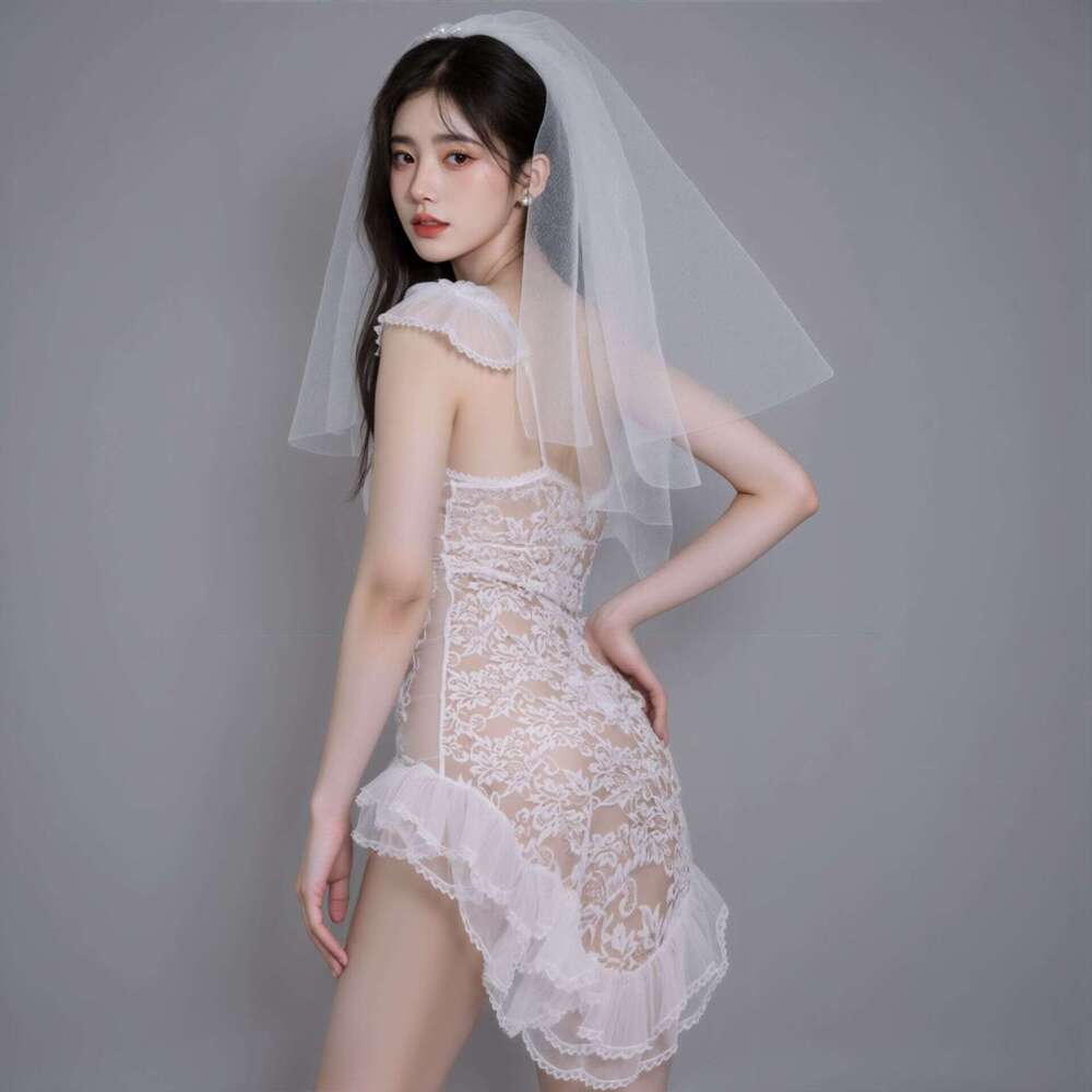 Elegant White Bridal Lace Nightdress Women Sheer Wedding Nightgown with Built-in Bra & Veil, Romantic & Sexy Lingerie for Honeymoon & Special Moments