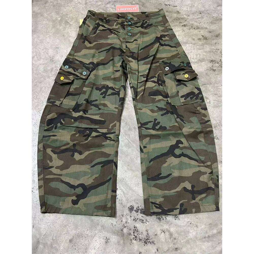 Men's Colorful Button Design Camouflage Pants Casual Spring Street Boy Wide Legs Sweatpants Male Straight High Waist Trousers