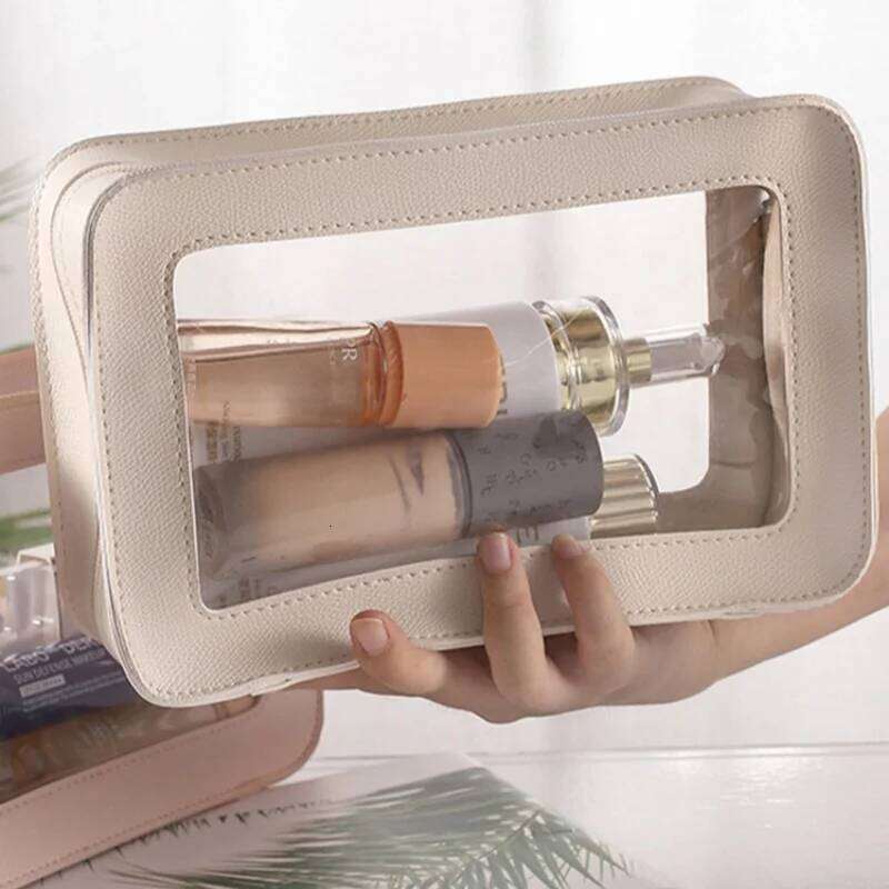LUSQI Minimalist Transparent PVC Waterproof Cosmetic Leather Makeup Travel Portable Toiletry Bag Y260206