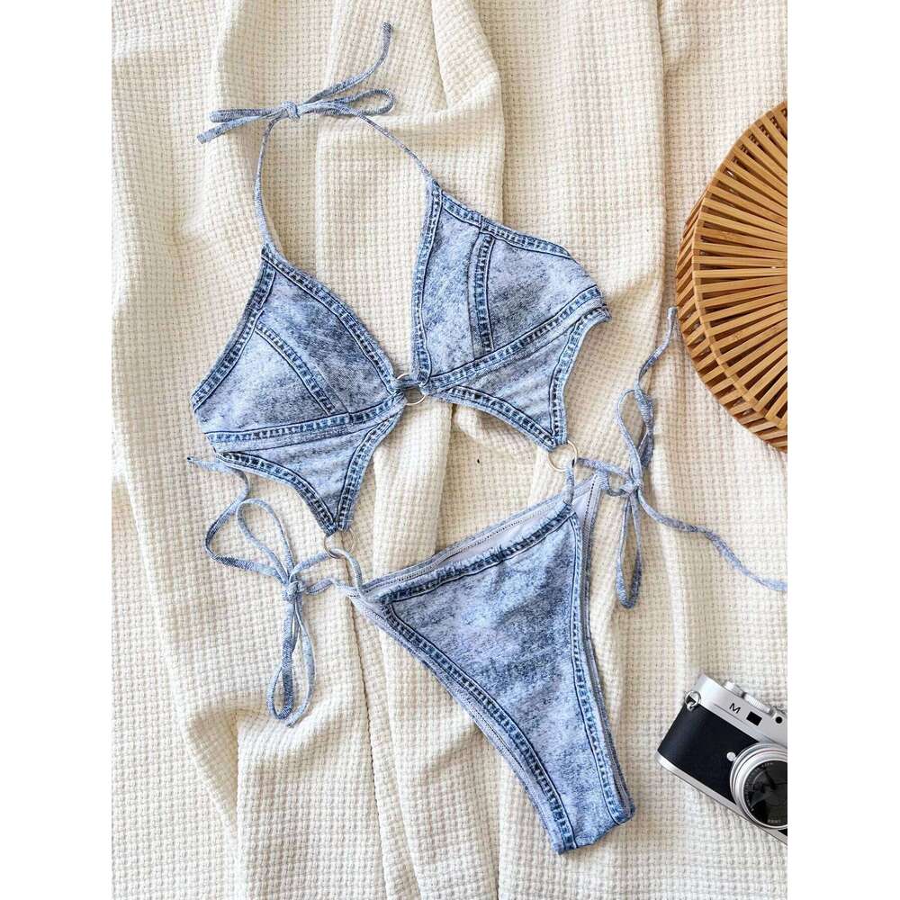Sexy Sky Blue Print Halter Hollow Out One Piece Swimsuit 2024 New Summer Backless High Leg Cut Swimwear Women Beach Bath Suit C260207