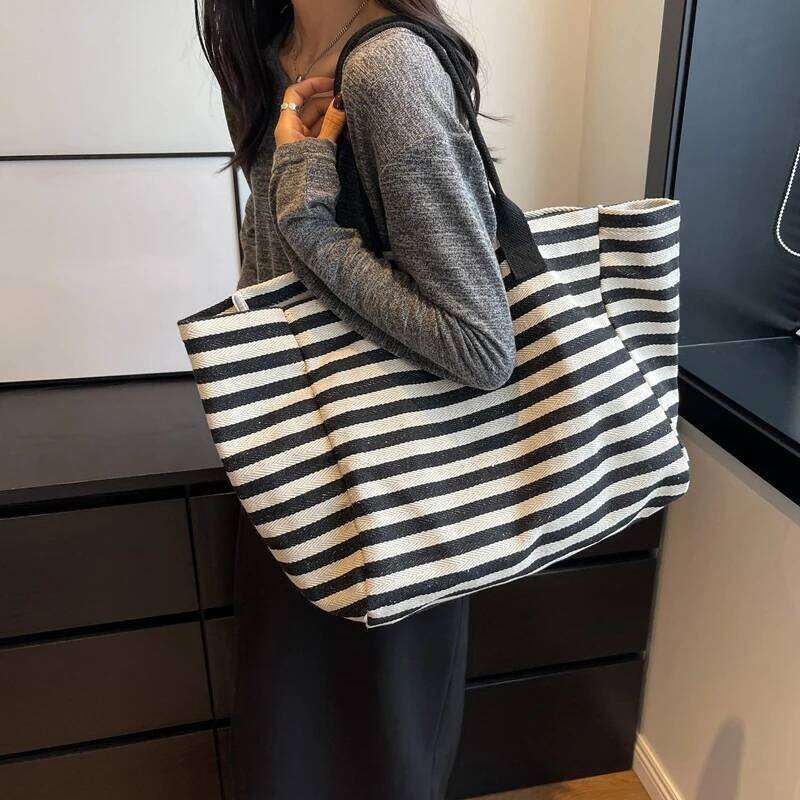 Women Canvas Shoulder Ladies Shopping Bags High Quality Handbags Simple Stripe Design Tote Books Bag For Girls C260207