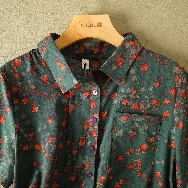 Vintage Floral Print Womens Shirt Summer Fashion Short Sleeve Pocket Loose Casual Blouse Female Comfortable Soft Thin Daily Top 260207