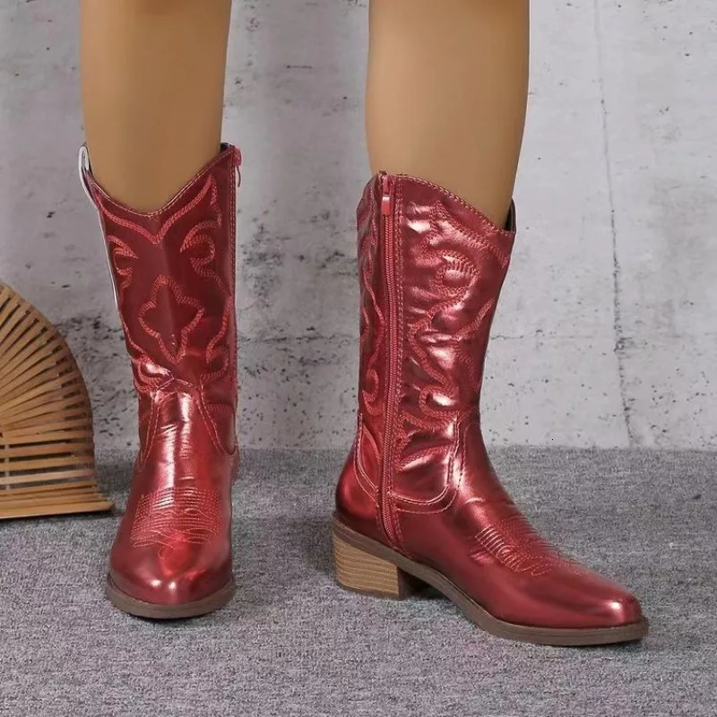 Womens Boots Fashion Pointed Toe Leather Retro Embroidery Western Cowboy for Women Thick Soled Midcalf Boot Botas 260208