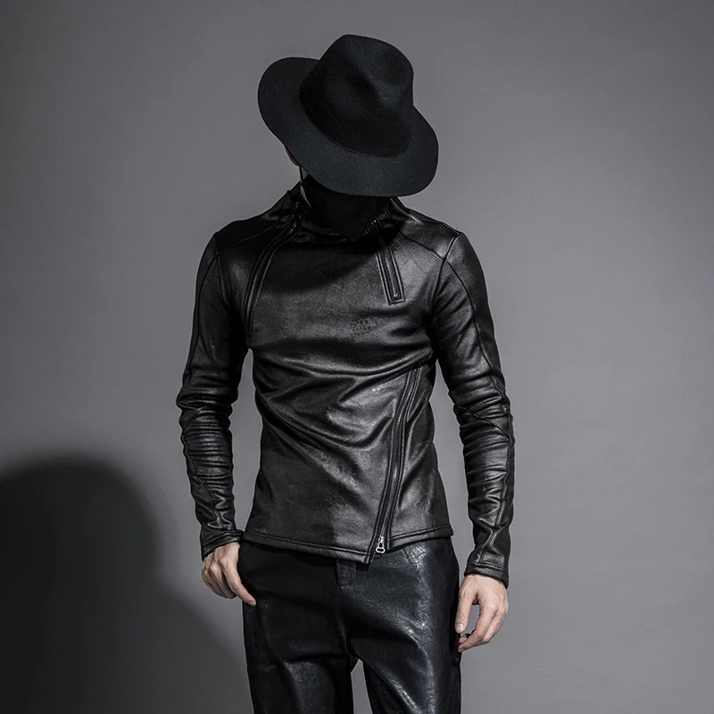 Autumn Winter Men Stand Collar Warm Fleece Lining Jacket Pullover Gothic Slim Fit Punk Coat Black Motorcycle Pu Leather 260205