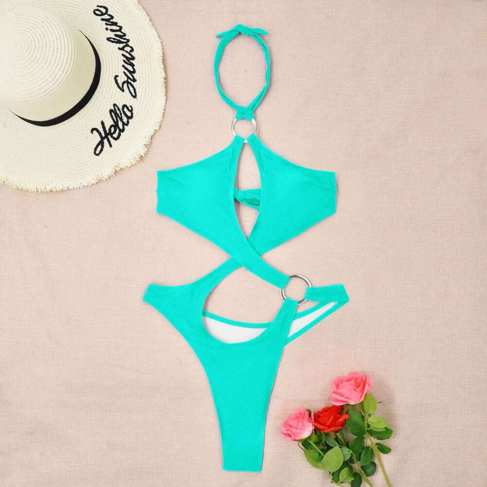 sexy cross ring halter bandage hollow one piece bikinis 2024 women thong swimsuit female bathing suit swimwear biquini C260207