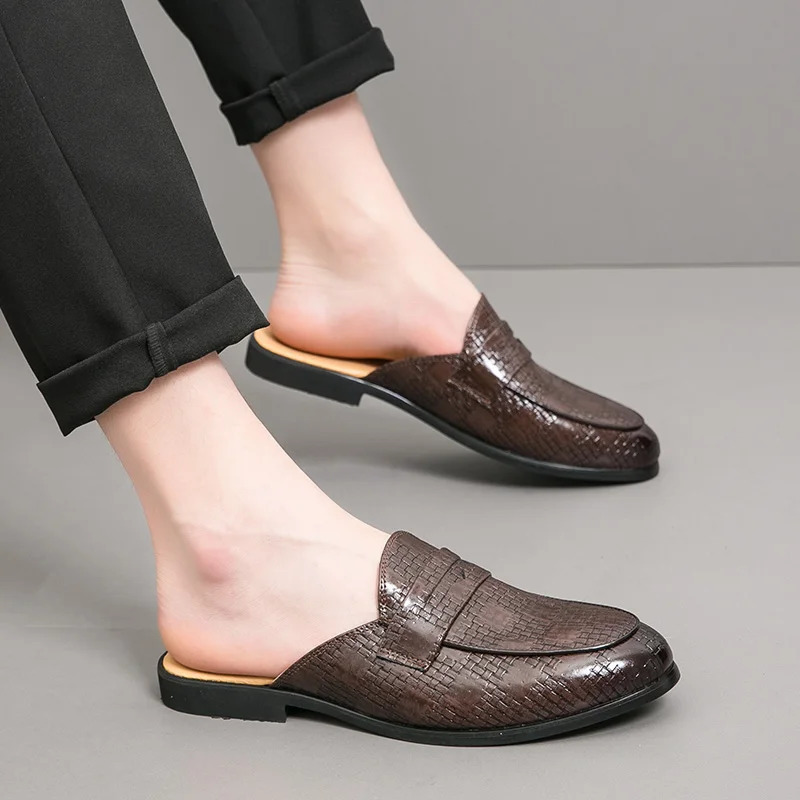 Britain Mens Loafers Business Half Shoes for Male Patent leather Mules Non-slip Outdoor Summer Moccasins 260124