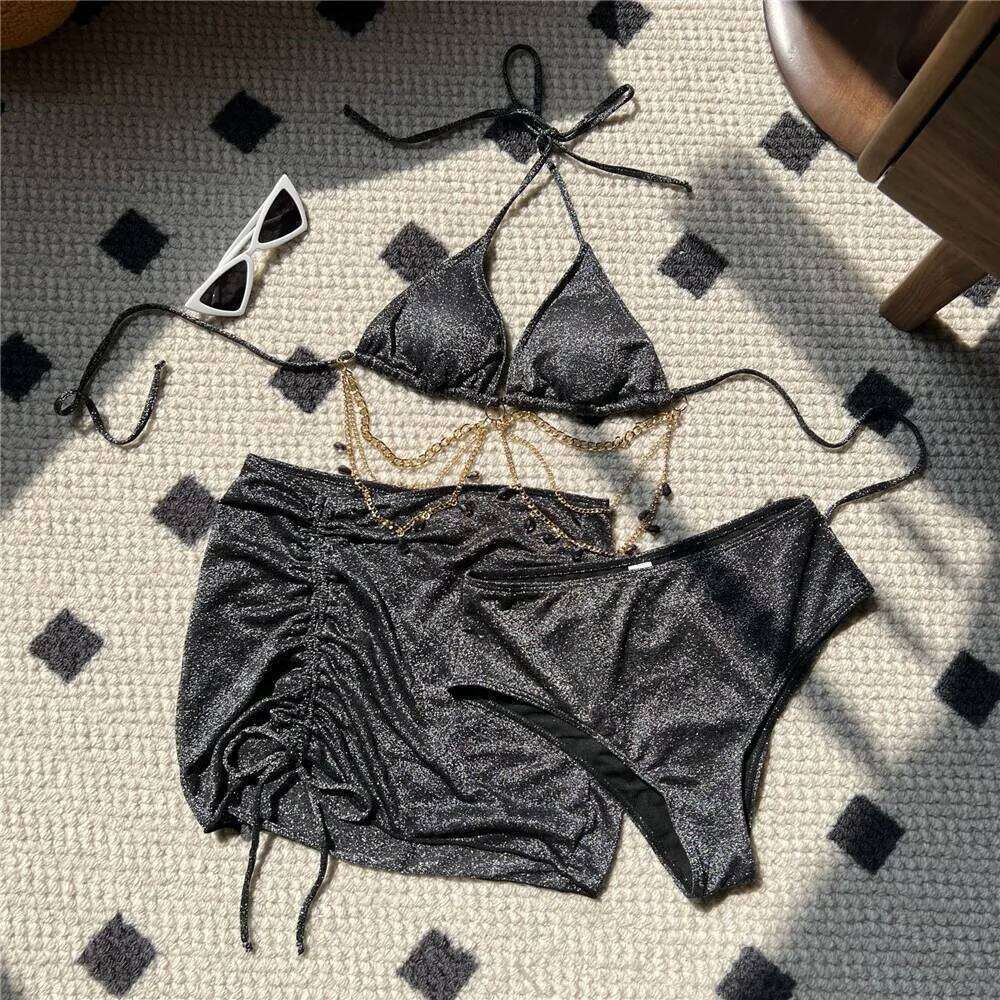 Shiny Blue String Halter Triangle 3 Piece High Waisted Bikini Set Swimwear Skirt Cover Up Rhinestone Chaining Swimsuit Beachwear C260207
