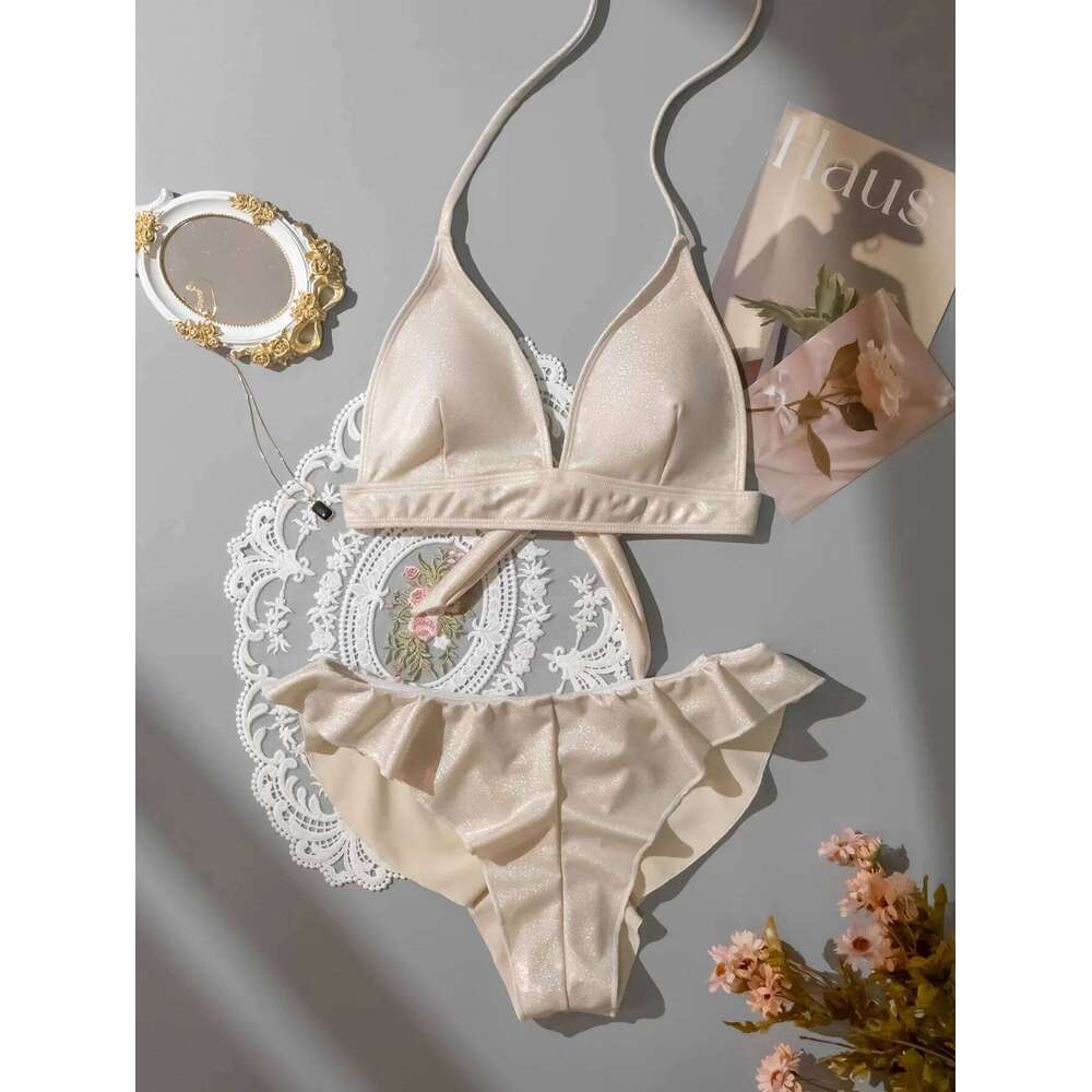 Sexy Glitter Shinny Halter Ruffles Bikinis Sets Two Pieces Padded Back Tie Thong Swimwear Female Bathing Suit Swimsuit Biquini C260207