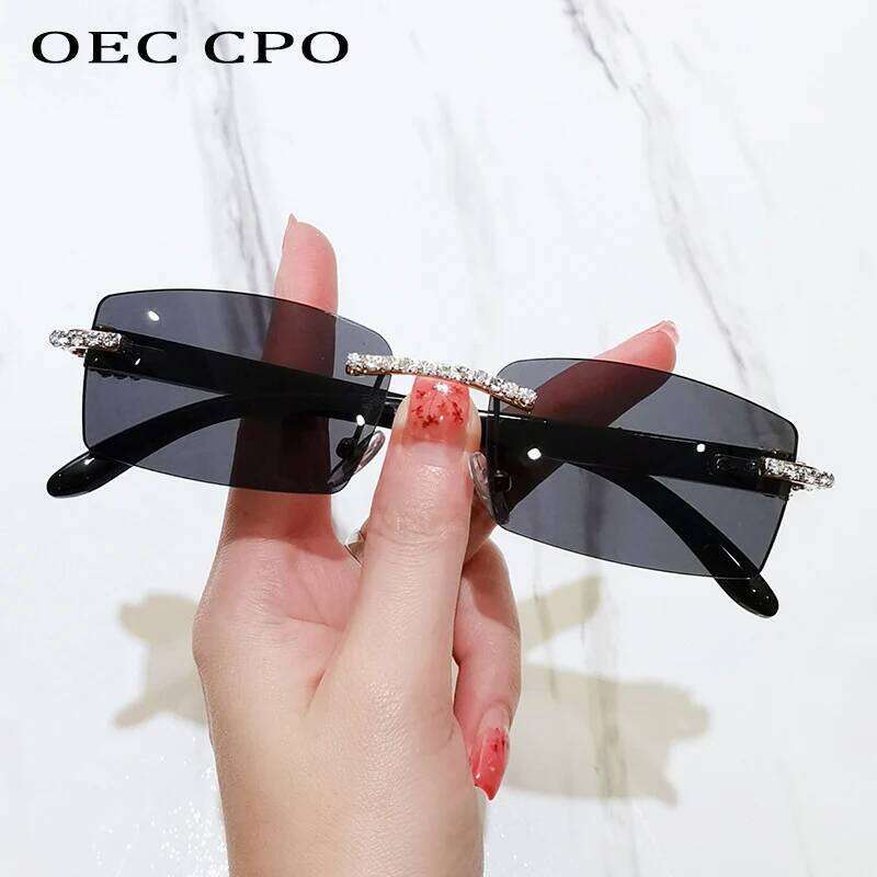 OEC CPO Rimless Diamond Sunglasses Women Vintage Rectangle Sun Glasses Female Shades Rhinestone Square Eyewear Gradient Colors Y260207
