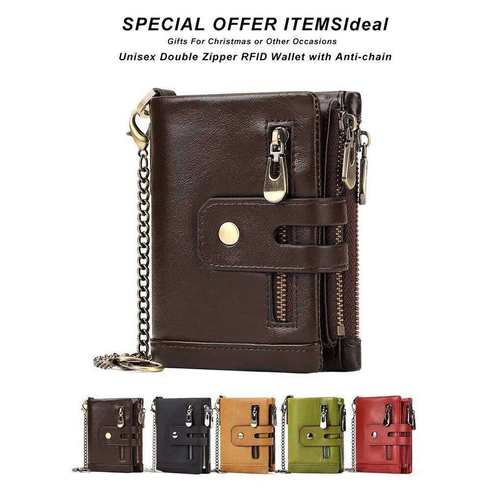Western RFID Blocking Cowhide Leather Three Floded Chain Men Belt Large Capacity Card Slots Coin Purse for Mens Y260206