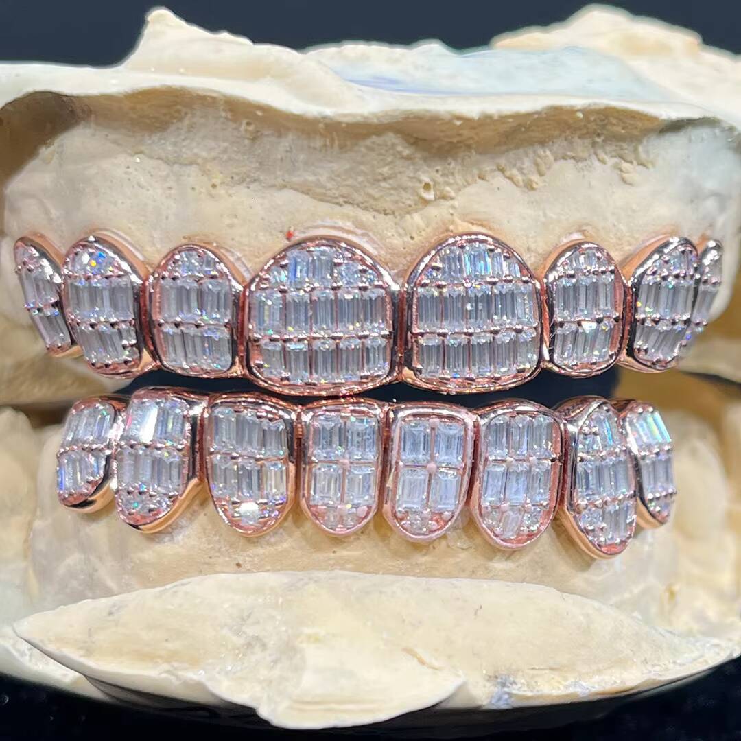 Custom Teeth Grillz Iced Out Baguette VVS Moissanite Diamond in S925 Silver Hip Jewelry