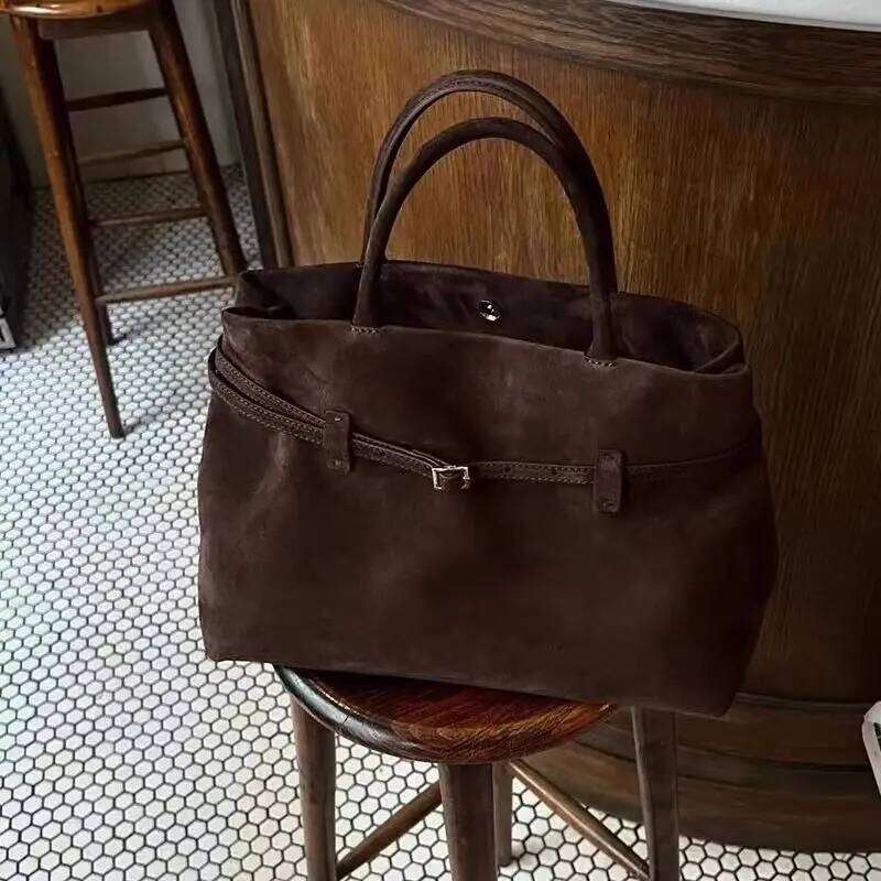 Women's Retro Tote Bag, Elegant Coffee-Colored Faux Suede Handbag, Versatile Shoulder Bag for Commuting and Casual Use C260207