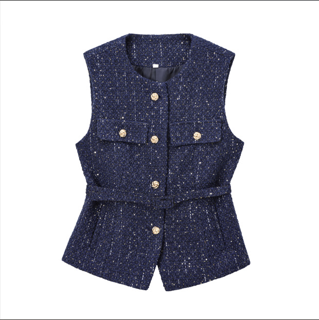 Women's Vests Tweed Waistcoat with Belt O Neck Sleeveless Front Button Female Outerwear Chic Tops Fashion