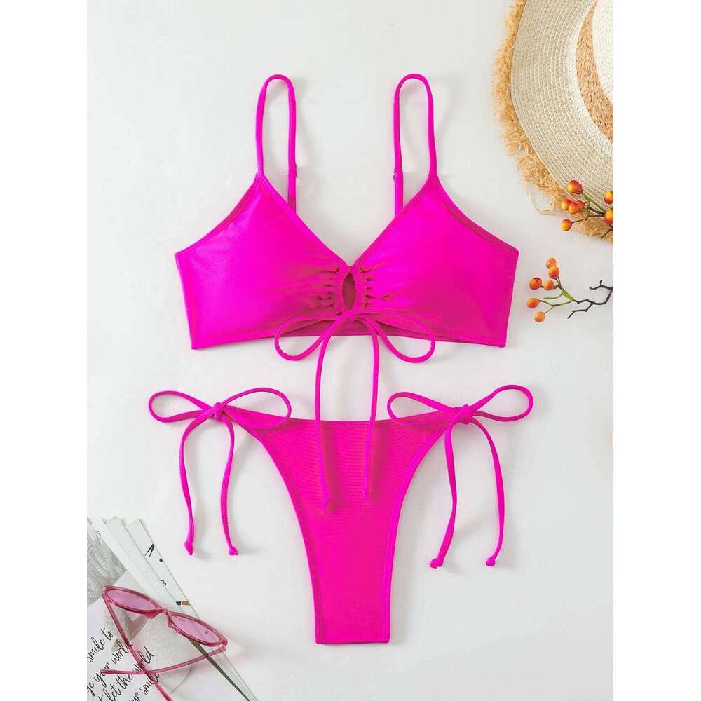 sexy rose red drawstring halter string bikinis sets two pieces tie padded thong swimwear female bathing suit biquini tankini C260207