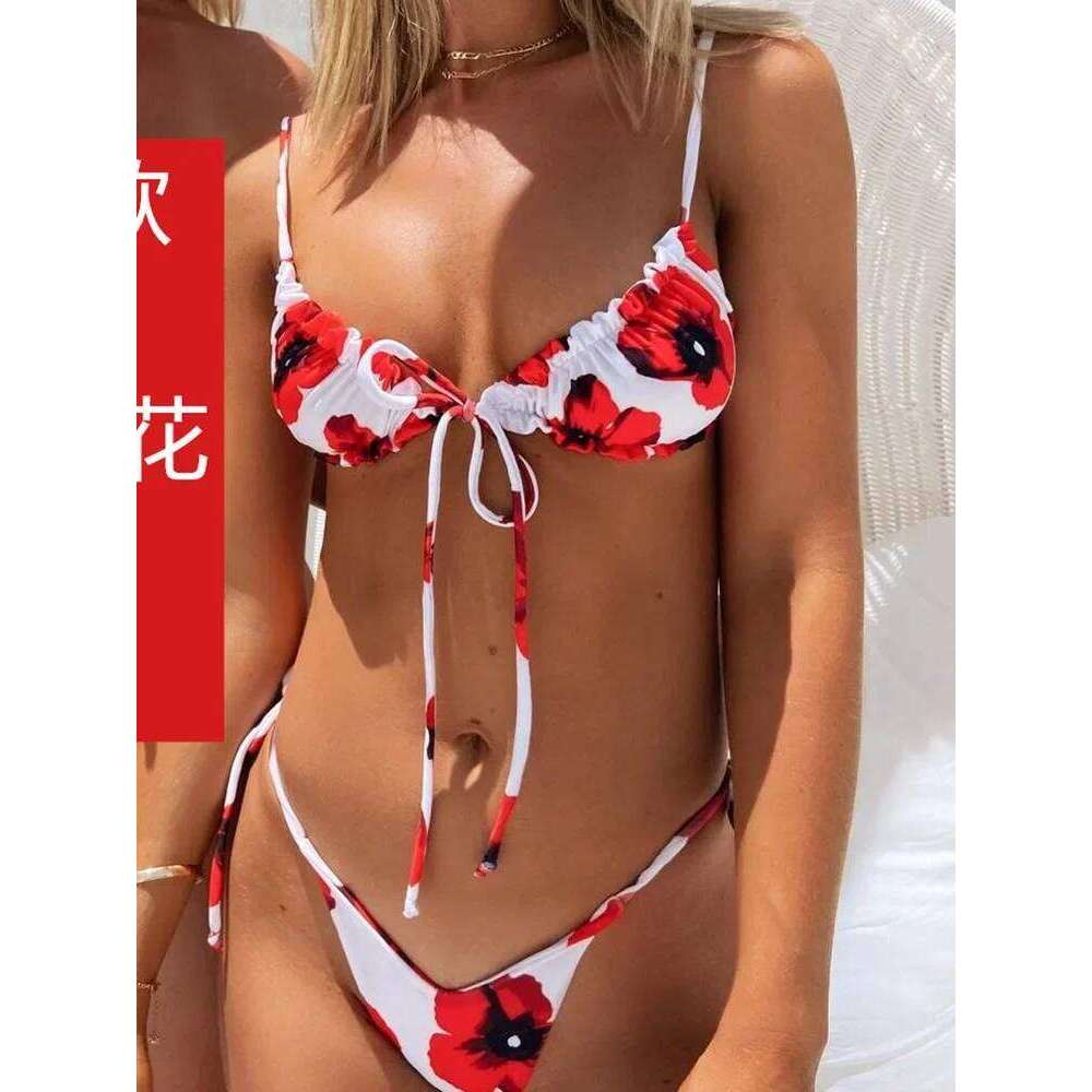 Sexy Printed Ruffled Frilled Thong Women Swimwear Female Swimsuit Two Pieces Bikini set Micro String Bathing Suit Swim C260207