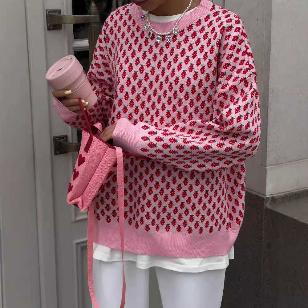 Pink Crew Neck Sweater for Women Autumn/Winter Knitwear Berry Jacquard Pattern Cute Waffle Weave Long Sleeve Knitted Top for Women