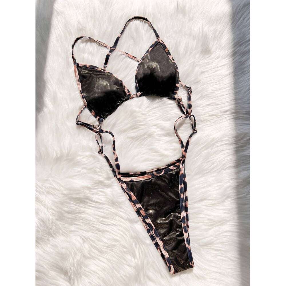 sexy glitter black leopard patchwork backless swimsuit one piece hollow bikini swimwear bodysuits women biquini bathing suits C260207