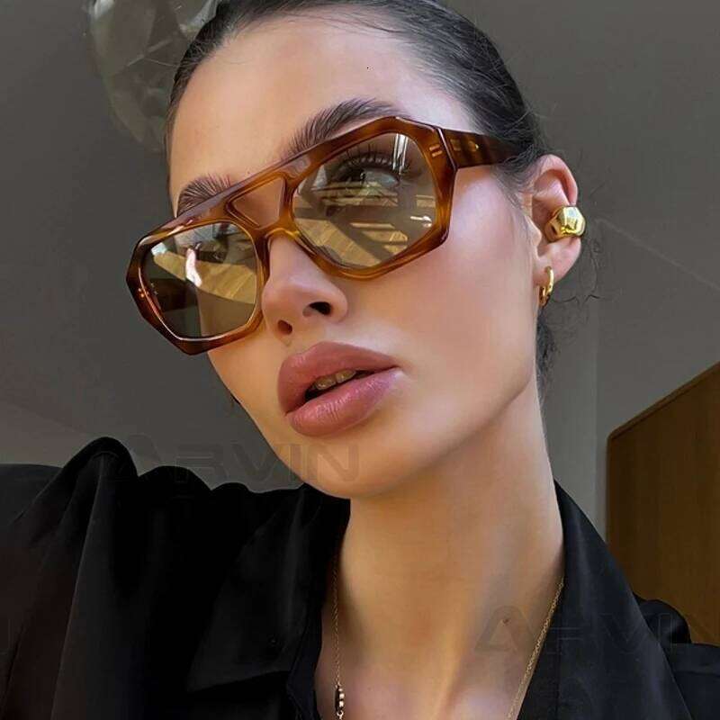 Vintage Square Sunglasses for Women Men Thick Frame Double Bridges Eyewear Female Fashion Chic Polygon Sun Glasses Leopard Blue Y260207