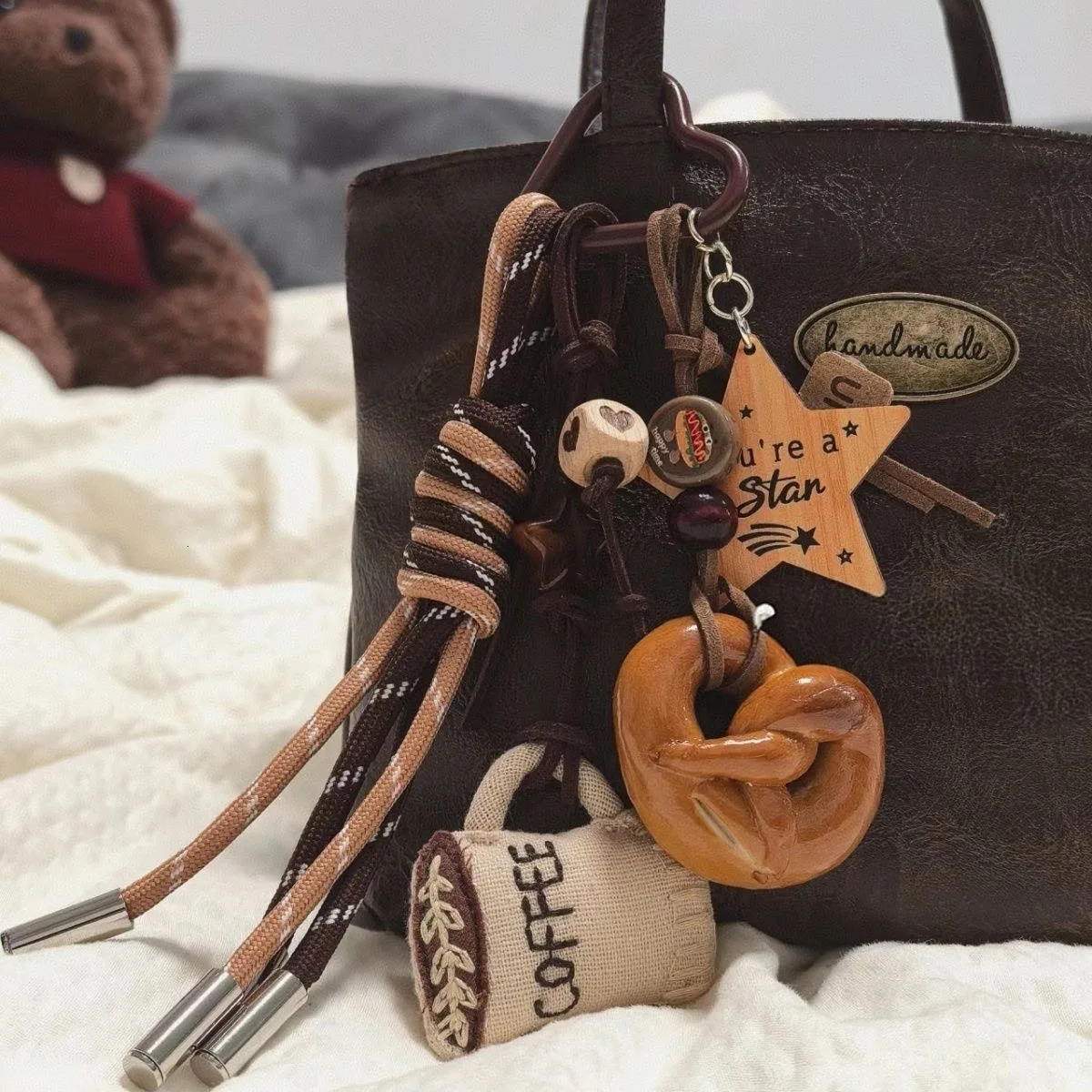 Handmade baseball personality keychain Creative simple soda bread fringe trend accessories Dachshund dog bow hairball bag pendan 260107