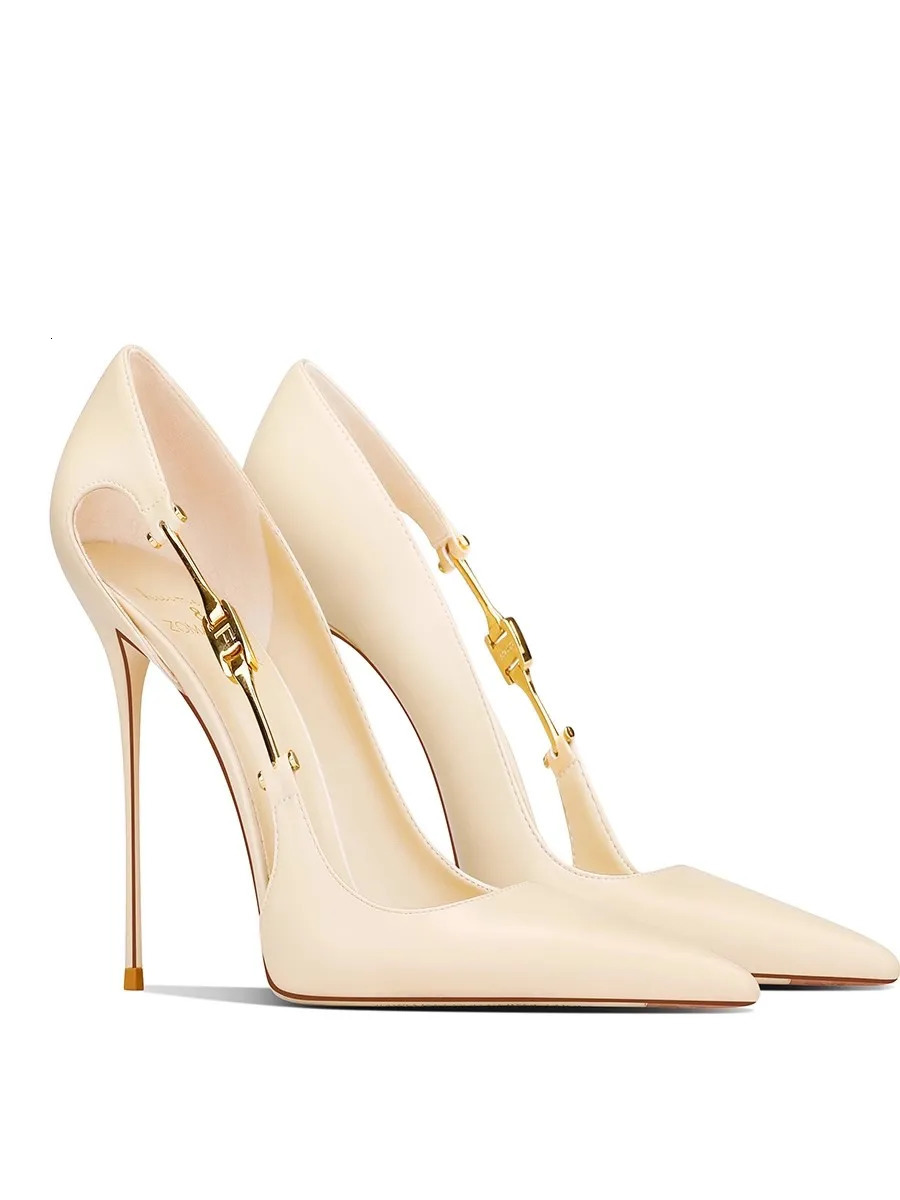 Fine highheeled womens shoes summer pointed scalp hollow metal buckle single large size small banquet work 260208
