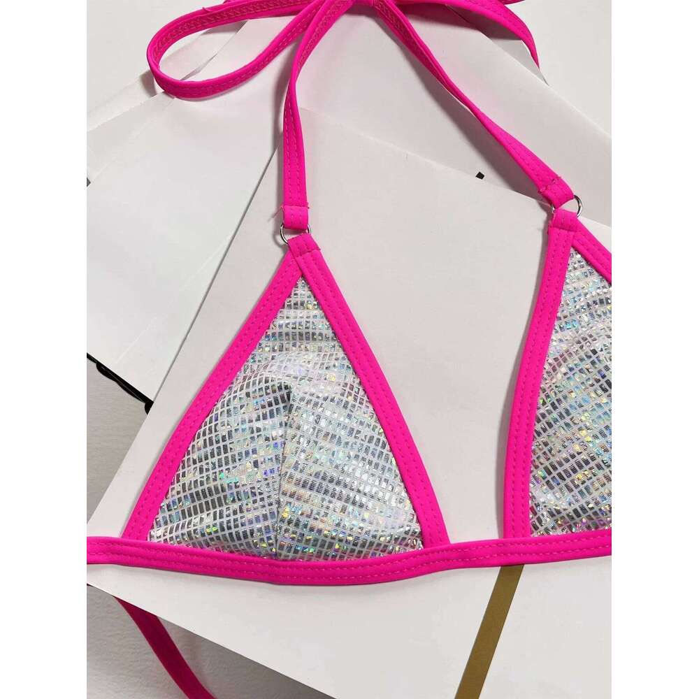 sexy sliver glitter sequine micro bikinis sets two pieces halter tie patchwork thong Swimwear swimsuit Bakini Biquini tankini C260207