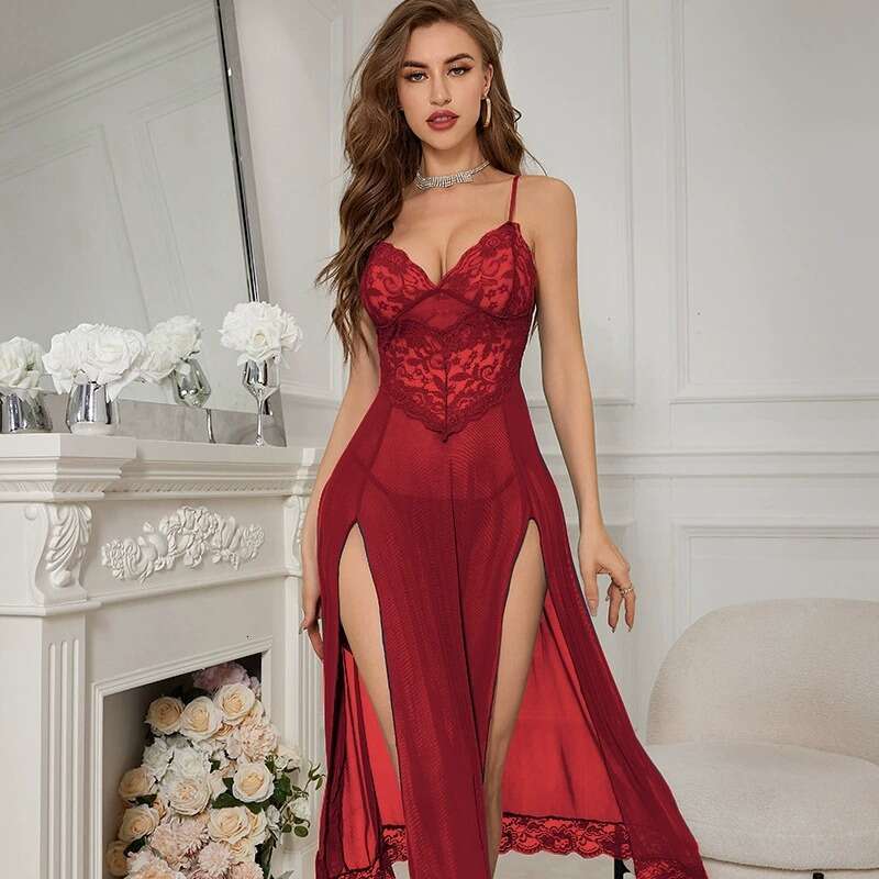Elegant Long Lace Nightgown Women Deep V Neck Sheer Sleep Dress with High Side Slit & Train, Romantic & Seductive Lingerie for Special Moments