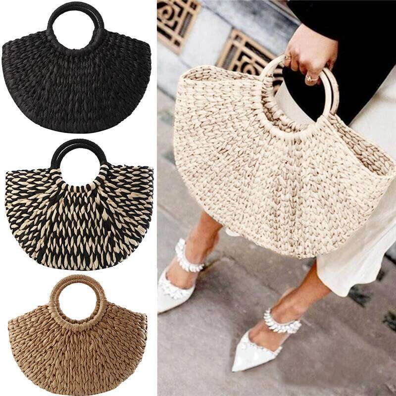 Women New Imitation Straw Handbags Woman Handmade Woven Basket weave For Femme Ladies Simple All-Match Handbag C260207