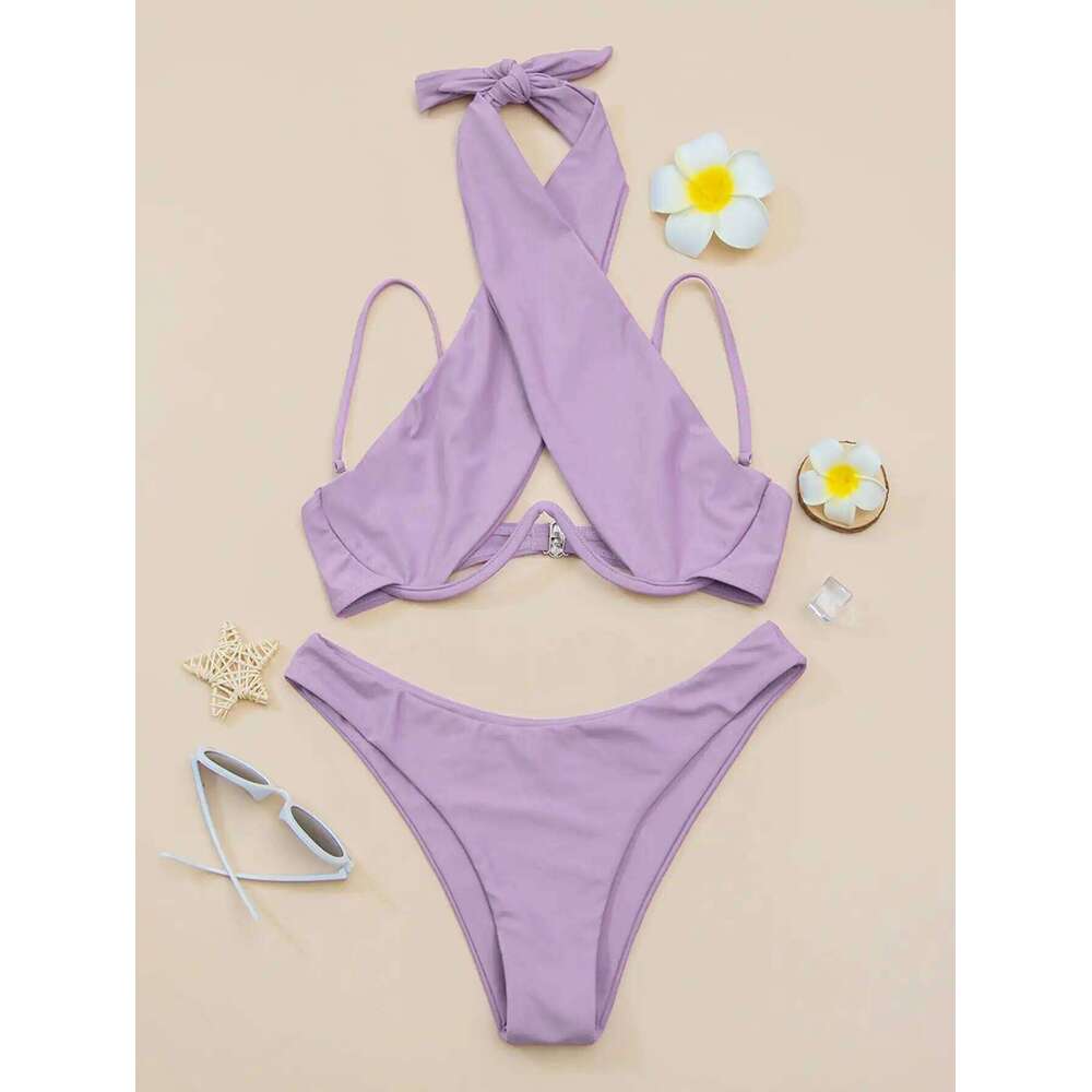 Cross Halter Underwire Bikini 2025 Women Swimsuit Solid Push Up Swimwear Female Bathers Bathing Swimming Suit Summer Beachwear C260207