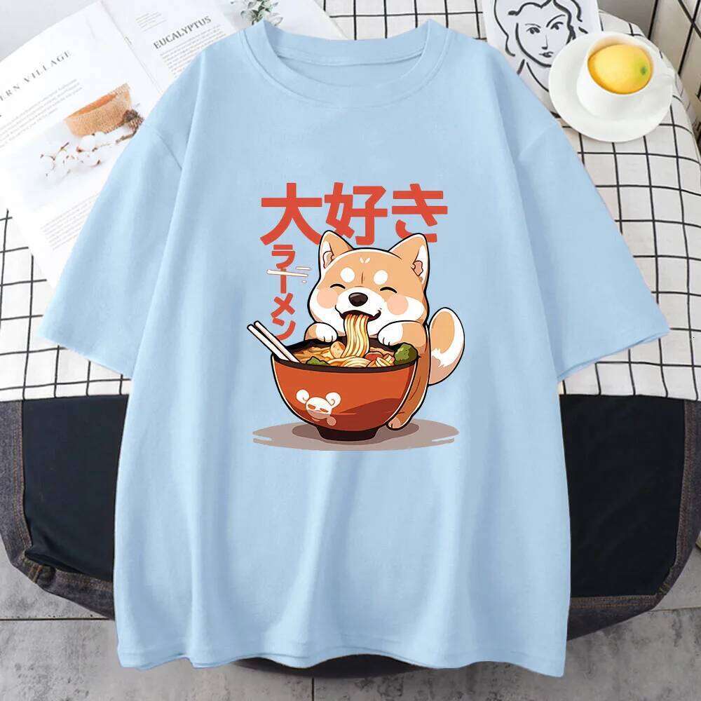 Shiba Inu Enjoying Ramen T-shirts 100% Cotton High Quality Summer Tee-shirt Casual Women/Men Kawaii Tshirt Cute Girls Shirts C260207