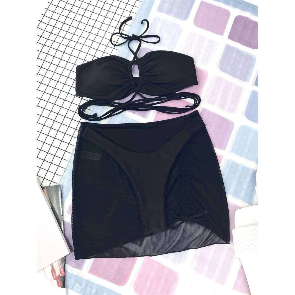 3 Pieces Criss Cross Halter Bikini 2025 Women & Beach Skirt Swimwear Female Sexy Swimsuit Beachwear Bathing Swimming Suit C260207