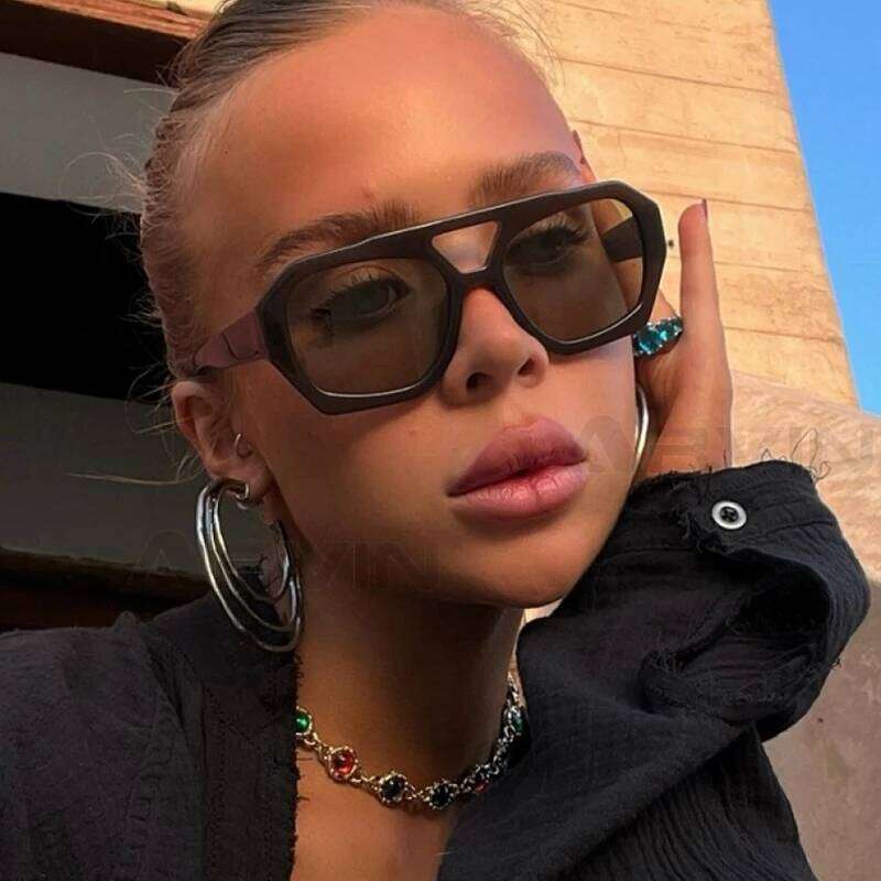 Vintage Square Sunglasses for Women Men Thick Frame Double Bridges Eyewear Female Fashion Chic Polygon Sun Glasses Leopard Blue Y260207