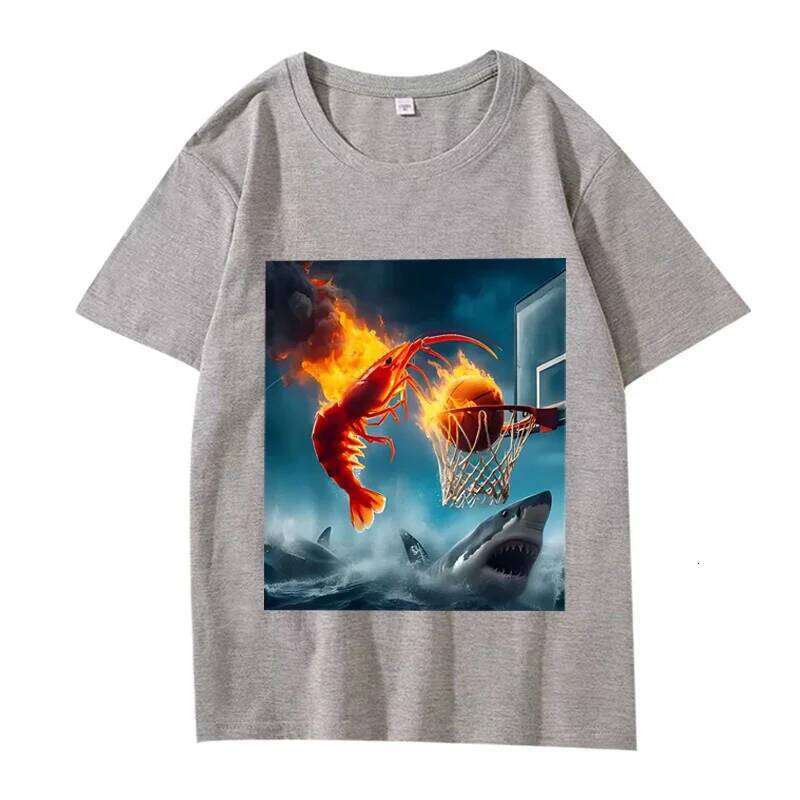 Shrimp Dunking on Shark Graphic Tee Retro Fishing Meme TShirt Women Short Sleeve Tops Aesthetic Clothes Summer Streetwear C260207