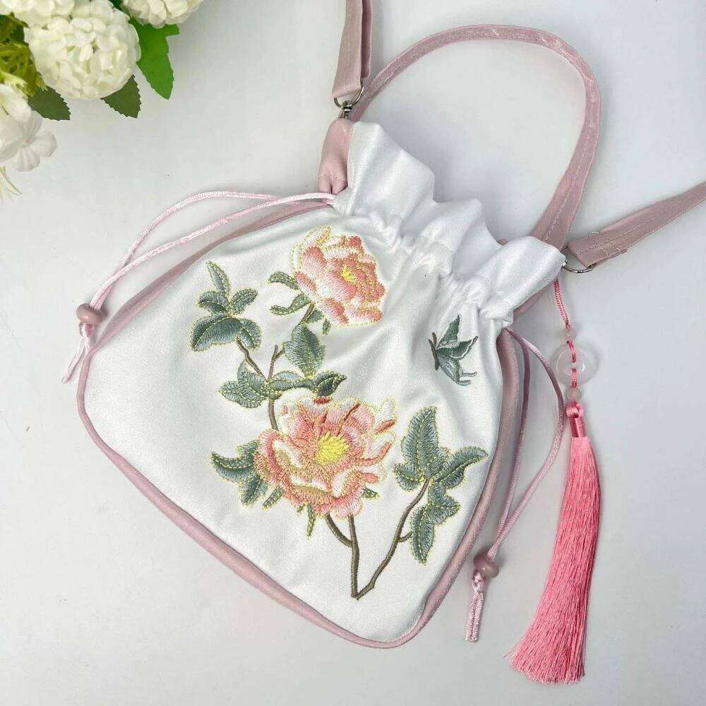 Ethnic Embroidery Drawstring Silk Satin Flower Bucket Bag Chinese Handbag Ancient Style Hanfu Accessories