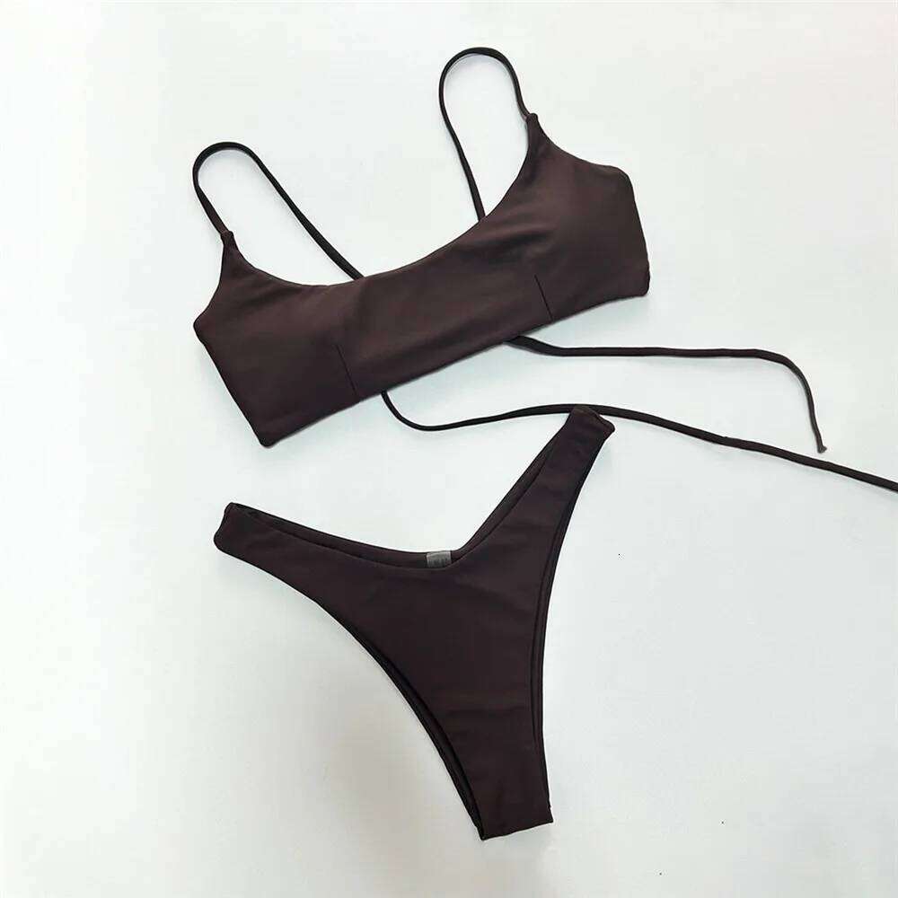 Brown Bandeau Micro Bikini Set Back String Lace-up Sexy Swimsuit Solid Swimwears Woman 2026 High Cut Bathing Suit Bikinis Femmes C260207