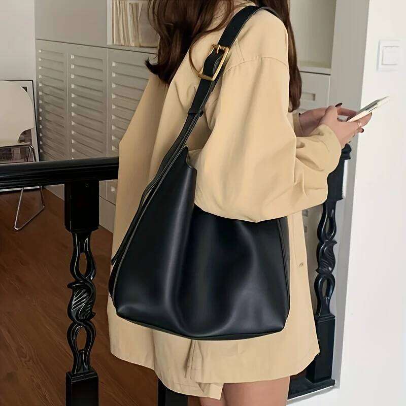 Women's Fashion Tote Minimalist Shoulder Handbag, Retro Faux Leather Bucket Bag, Polyurethane Lining, No Print C260207