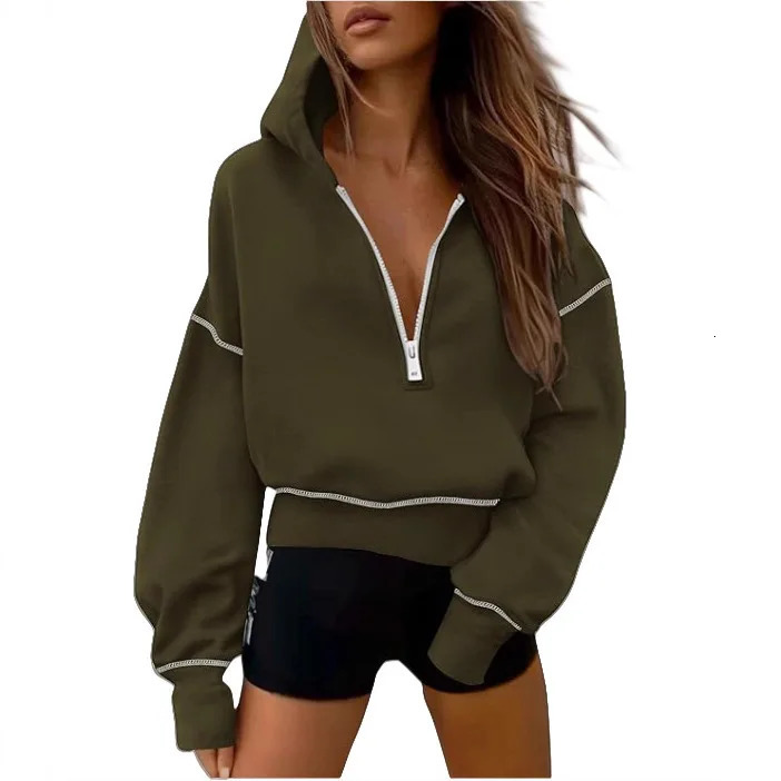 2026 Womens Fashion Basic Casual Versatile Comfortable Long Sleeve Pullover Half Zipper Distressed Hooded Sweatshirt Women 260126