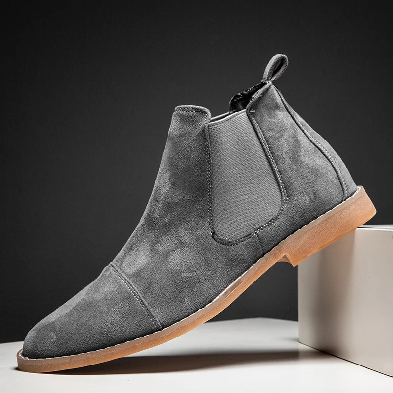 Fashion Gray Chelsea Boots Man Pointed Toe Boot Comfortable Leather Ankle Men Slip on Mens Casual botas para hombre 260208