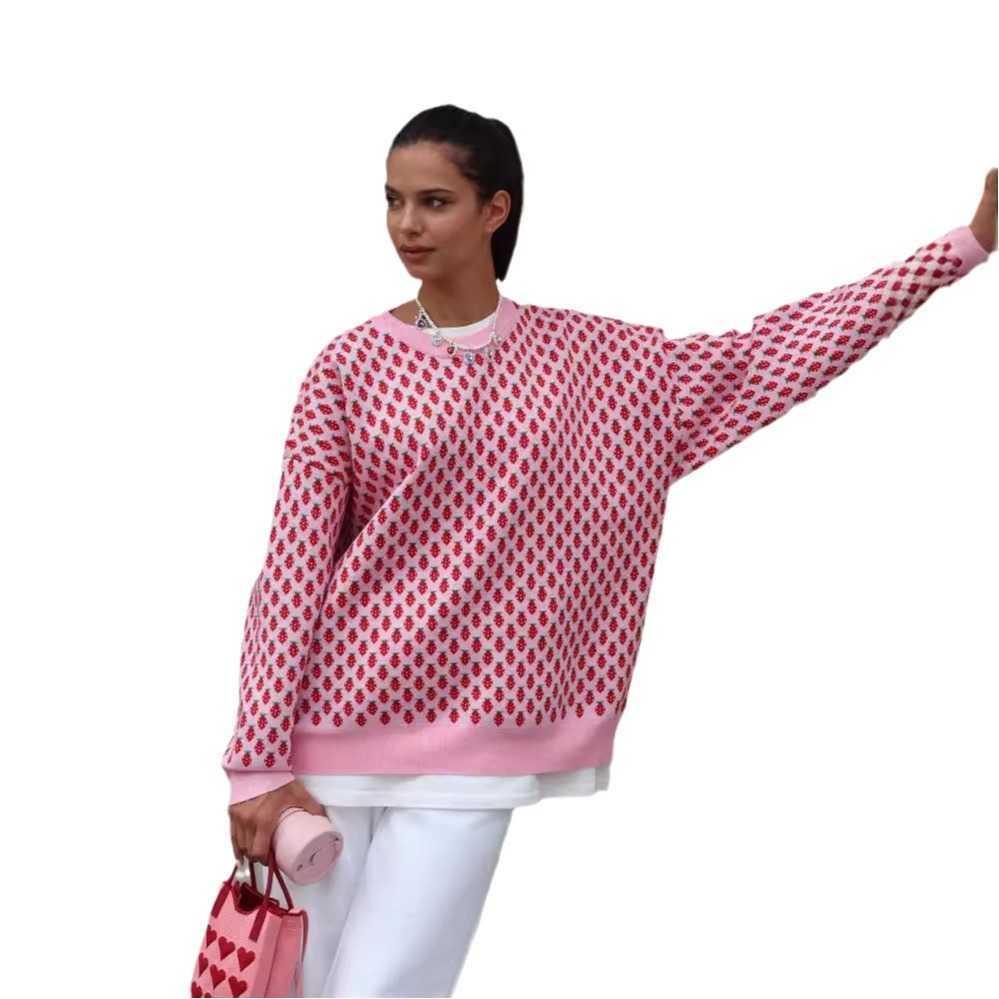 Pink Crew Neck Sweater for Women Autumn/Winter Knitwear Berry Jacquard Pattern Cute Waffle Weave Long Sleeve Knitted Top for Women