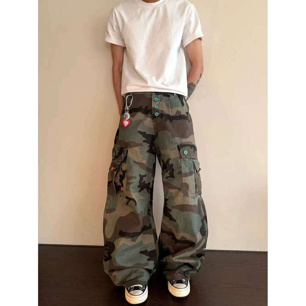 Men's Colorful Button Design Camouflage Pants Casual Spring Street Boy Wide Legs Sweatpants Male Straight High Waist Trousers