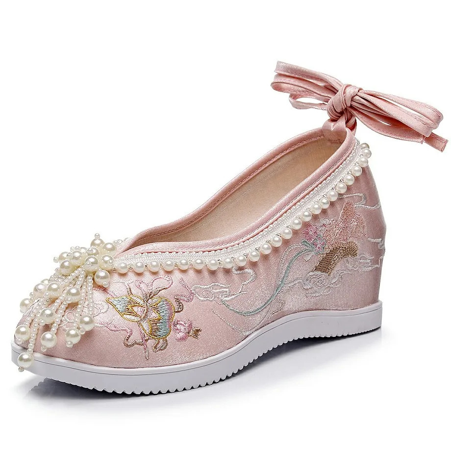2026 Womens White Blue Pink Floral Hanfu Shoes Chinese Style Pearls Tassel Mary Jane Flat Summer Casual Daily Footwear Q293 260208
