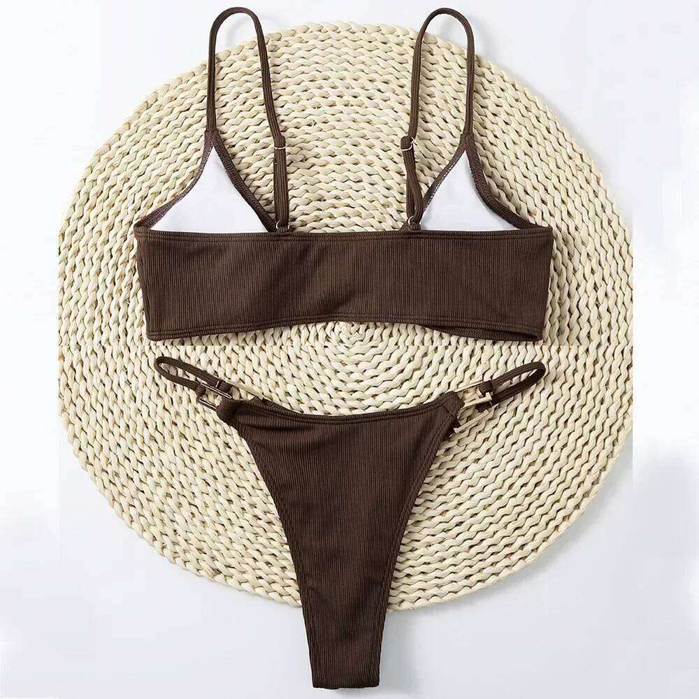 Sexy Brown Ribbed Swimwear 2025 Micro Thong Bikinis Sets Women Metal Ring Swimsuits String Bathing Suit Bikini Bathers Biquinis C260207