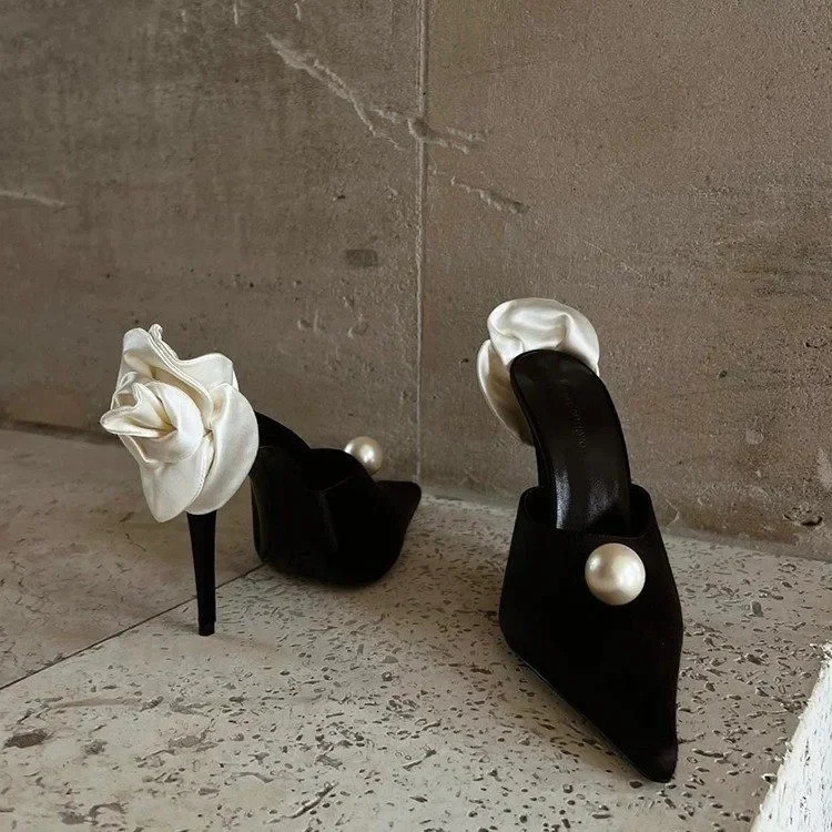 Black Satin High Heels Slippers Spring and Summer Pearl Stiletto Party White Rose Sandals 260208