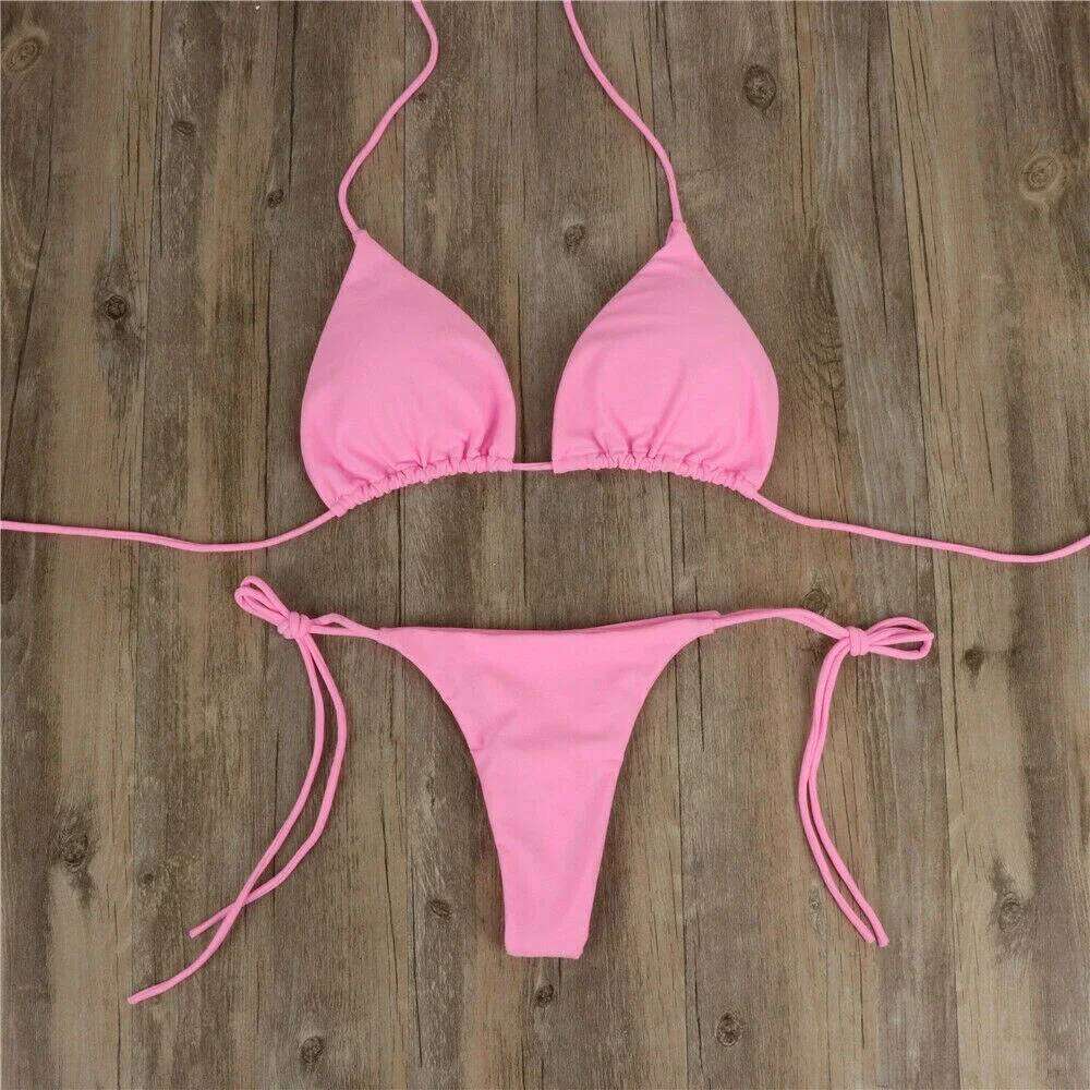 Sexy Women Bikini Lingerie Set Side Tie Swimsuit T--back Low Rise Thong Bandage Style Brazilian Swimwear Soft Solid Underwear C260207
