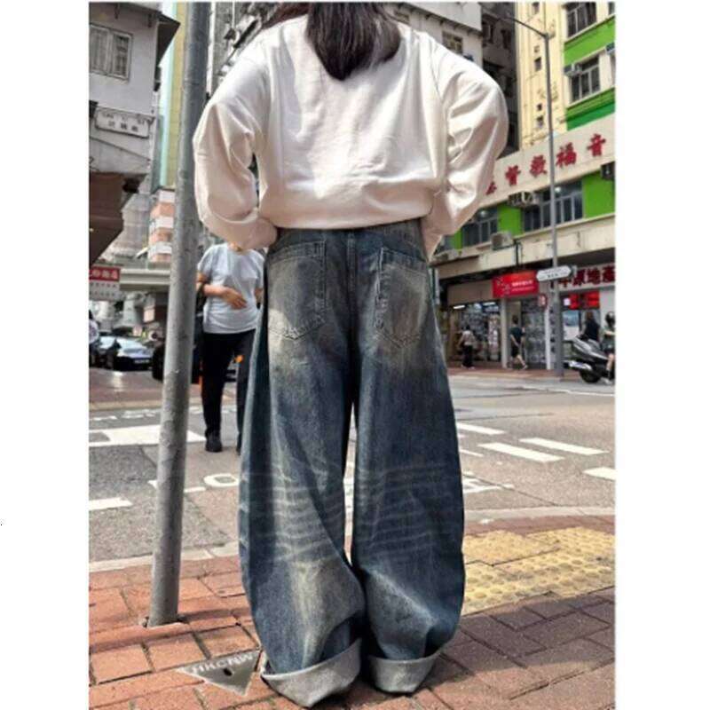Women's Blue Y2k Oversize Harajuku Vintage Wide Leg Denim Trousers American Retro 2000s Style Boyfriend Jeans Pants Autumn